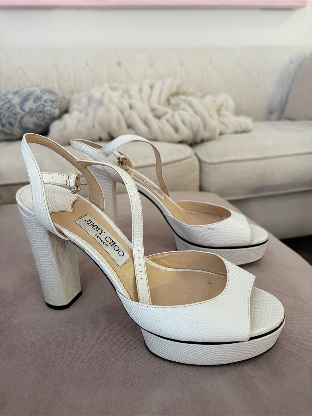 Jimmy Choo peachy Platform sandals white lizard embossed